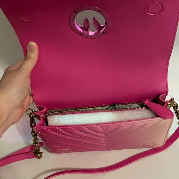 PINKO BNWT Italian Leather Pink Ombre Chevron Love Bag w Bronze Hardware + Birds - Picture 8 of 15